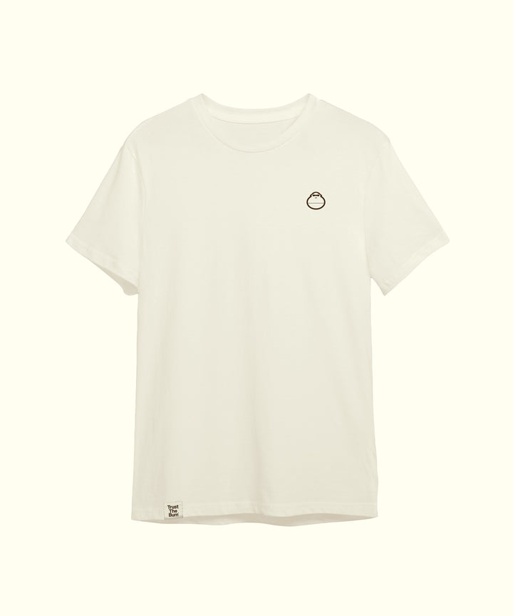 Plain white tee with a small mascot logo on the front, perfect for casual wear. Sun Bum