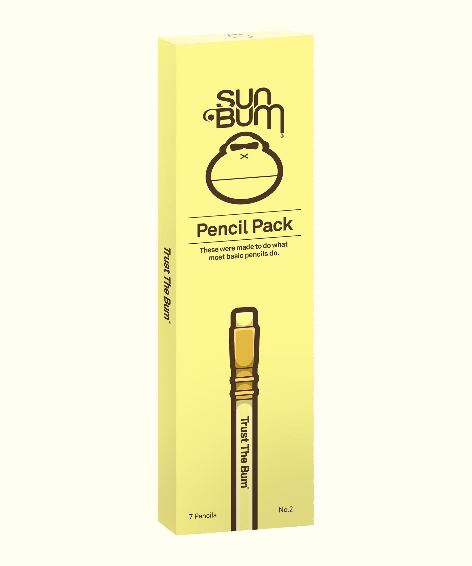 Yellow box of seven No.2 pencils labeled "Sun Bum Pencil Pack" for sketching, scribbling, and drawing. Sun Bum.