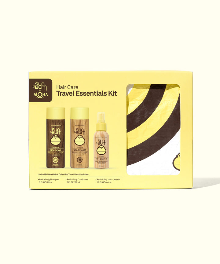 Hair Care Travel Essentials Kit with travel-sized hair care products in custom SPLASH-PROOF pouch by Sun Bum.