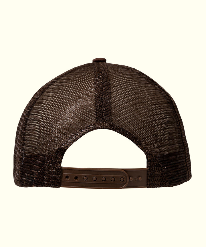 Back view of the original brown trucker style cap, featuring a mesh design and adjustable strap, Sun Bum.