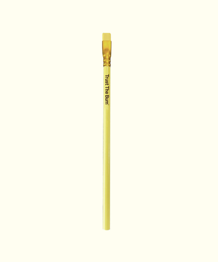 Yellow pencil with an eraser featuring the text 