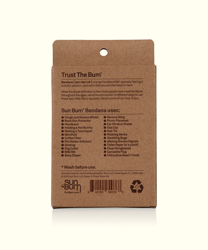 Back packaging of the Sonny Bandana by Sun Bum, showcasing its various uses and versatility described on a cardboard background.