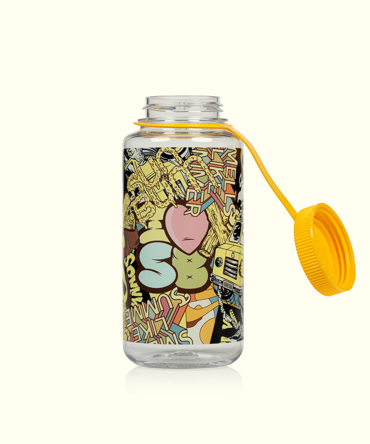 Clear Nalgene® reusable water bottle with colorful adventure-themed design, yellow screw cap, perfect for exploring and featuring Sun Bum.