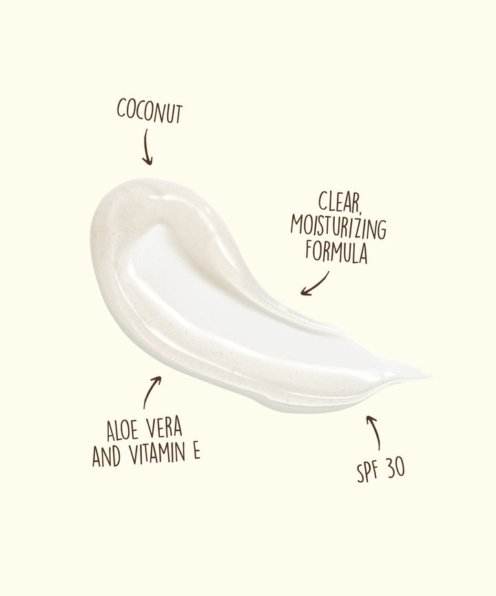 Clear moisturizing lip balm formula with SPF 30, featuring coconut, aloe vera, and vitamin E. Smooth texture shown with labeled ingredients for hydrating sun protection. Sun Bum