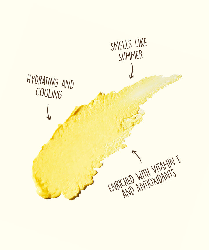 Yellow sunscreen smear with text highlighting benefits: hydrating, cooling, summer scent, and enriched with vitamin E and antioxidants. On-the-go SPF protection by Sun Bum