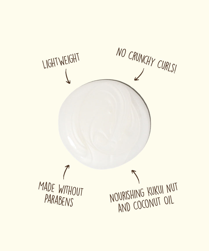 Lightweight Curls Styling Cream with nourishing Kukui Nut Oil and Monoi Coconut Oil, made without parabens, and no crunchy curls, Sun Bum.