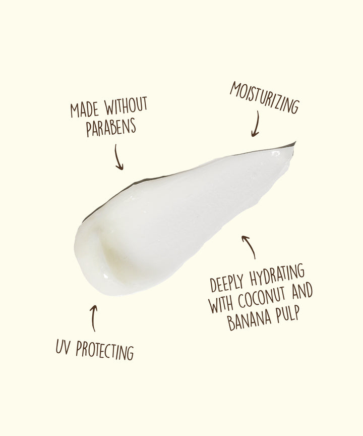 White dollop of Revitalizing Conditioner highlighting moisturizing, UV protecting, made without parabens, and deeply hydrating with coconut and banana pulp ingredients. Sun Bum