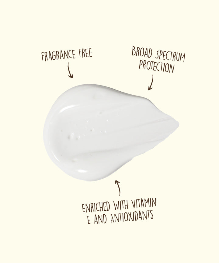 Close-up of a drop of lightweight, fragrance-free SPF 50 face sunscreen lotion showcasing broad spectrum protection and enriched with vitamin E and antioxidants. Sun Bum,