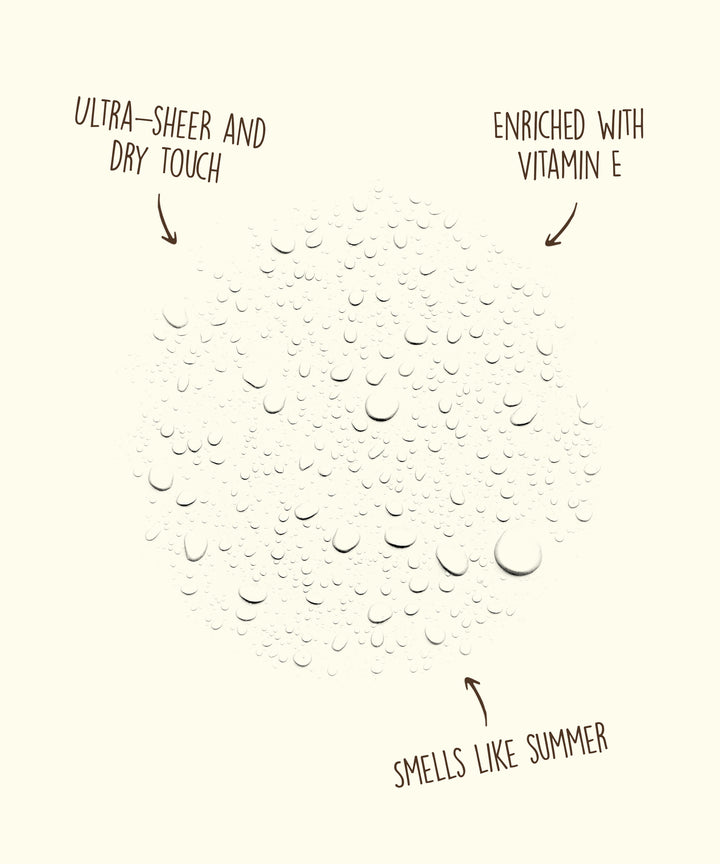 Close-up illustration of water droplets to symbolize the ultra-sheer and dry touch of the Original SPF 15 Sunscreen Spray, enriched with Vitamin E and featuring a summer-like scent. Sun Bum.