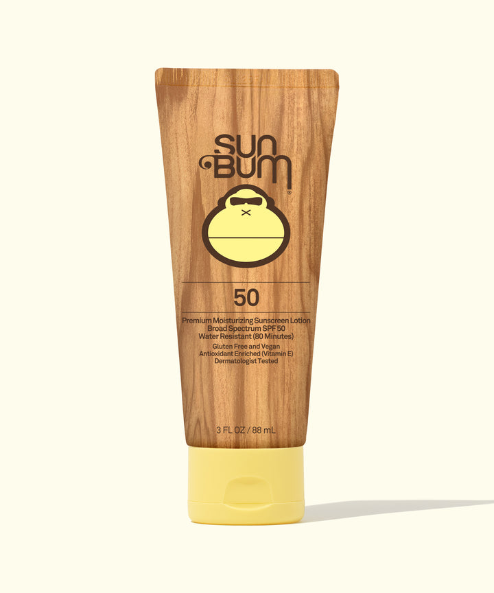 Original SPF 50 Sunscreen Lotion by Sun Bum in wooden-texture tube with yellow cap, Sun Bum.